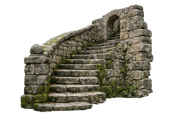 Ancient stone stairs winding upwards through a mossy archway, representing history, mystery, and ascent, transparent background