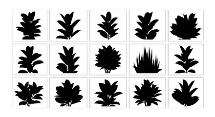Collection of various plant silhouettes in black squares on white background for design
