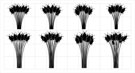 Eight identical black silhouettes of plants with spiky tops on white background for design