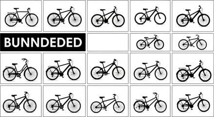 Collection of various bicycle line drawings in different poses on white background