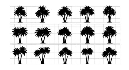 Collection of black palm tree silhouettes on grid background for design and decoration purposes