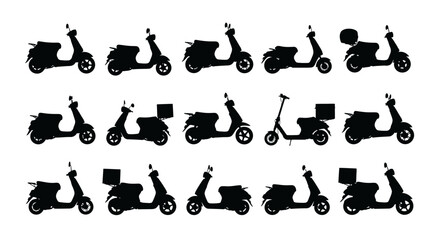 Collection of various scooter and motorcycle silhouettes in different poses and with various cargo configurations on a white background