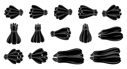 Black and white illustration of various bundles of asparagus on a plain background