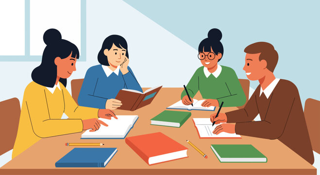 Group of Students Studying Together Around Table.