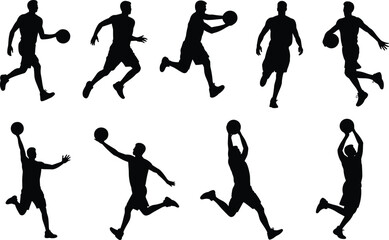 Basketball player silhouette set in different action poses, dribbling, running, jumping and shooting ball, black sport vector illustration isolated on white background. © MSTALIFNUR