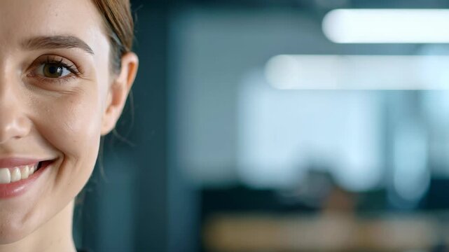 Close up of a young woman's smiling face with bright, welcoming eyes in a soft focus office environment