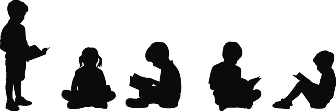 Children reading book silhouette set, kids sitting and standing with books, education and learning concept, black student vector illustration isolated on white background.