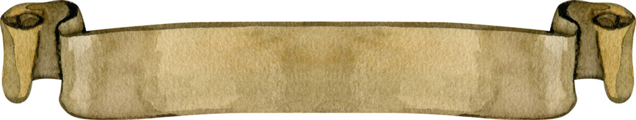 Elegant watercolor illustration of a vintage parchment ribbon banner. Hand-painted scroll with aged paper texture and curved edges, ideal for wedding titles, heraldry, and retro-style labels.