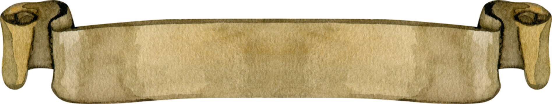 Elegant watercolor illustration of a vintage parchment ribbon banner. Hand-painted scroll with aged paper texture and curved edges, ideal for wedding titles, heraldry, and retro-style labels.