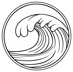 Stylized ocean wave inside a circular frame, black and white