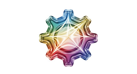 Fototapeta premium Rainbow colored metallic gear with starburst light effect ultra clear glass morphism icon premium 3d crystal ui element transparent background isolated object... isolated on a transparent background