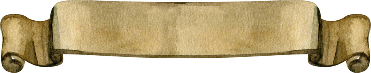 Elegant watercolor illustration of a vintage parchment ribbon banner. Hand-painted scroll with aged paper texture and curved edges, ideal for wedding titles, heraldry, and retro-style labels.
