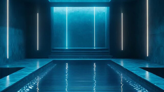 Modern indoor swimming pool featuring glowing blue neon wall lights and ripples on the water surface, creating a minimalist yet luxurious spa like environment for relaxation and wellness