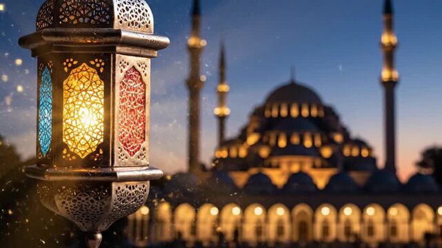 A beautifully ornate lantern casts a warm, inviting glow, its intricate patterns illuminated against the backdrop of a majestic mosque at dusk.