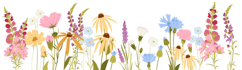 Wild Meadow Flowers Border and Garden Blooms with Bees and Dragonfly in Soft Pastel Botanical Style. © Iryna Danyliuk