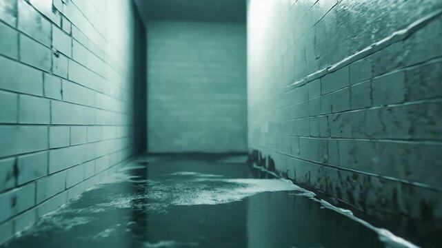 Dark wet industrial tunnel with brick walls, illuminated by a single overhead light, creating a mysterious and gloomy atmosphere, evoking concepts of passage, fear, and exploration