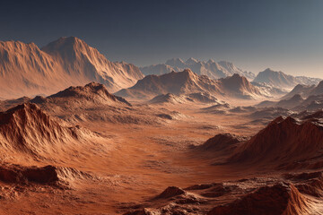 Naklejka premium A vast desert landscape with rugged mountains under a clear blue sky