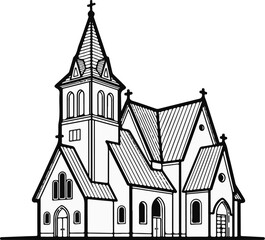 Fototapeta premium Black and white illustration of a large church with a prominent steeple