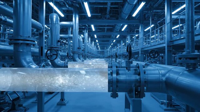Inside a modern industrial plant, a transparent pipe section reveals sparkling liquid moving through the system.