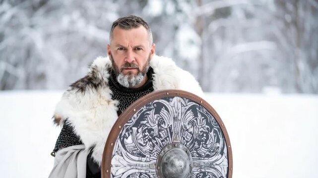 Bearded medieval warrior in chainmail and fur coat holding a patterned shield in a snowy forest