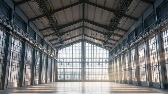 Expansive unadorned industrial hall featuring high ceilings and a concrete floor, with bright sunbeams illuminating the empty space through numerous vast window panes