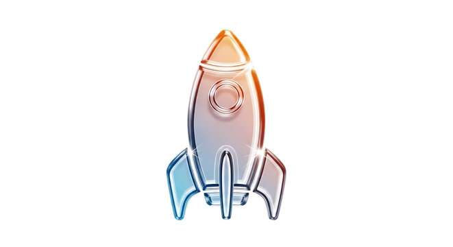 Glass rocket ship with orange and blue gradient lighting ultra clear glass morphism icon premium 3d crystal ui element transparent background isolated object... isolated on a transparent background