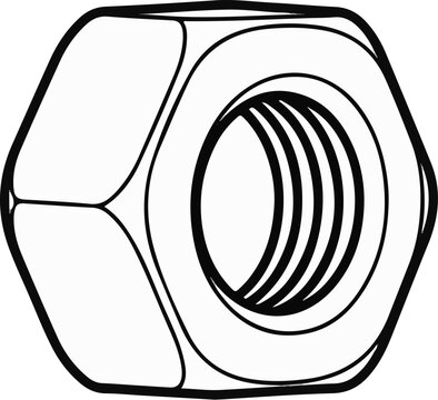 Black and white line drawing of a six-sided metal nut with internal threads