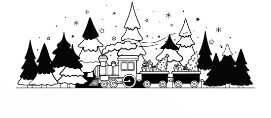 Obraz premium Black and white festive train carrying gifts through snowy evergreen trees
