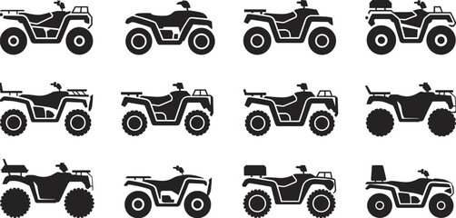 Flat vector ATV silhouette set featuring black icons of quad bikes and four-wheelers for off-road racing, extreme sports, and outdoor adventure designs. © LITON WORLD