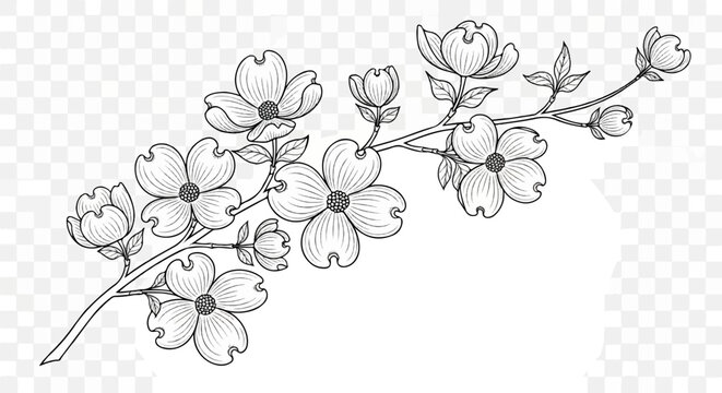Black and white sketch of dogwood blossoms on a branch