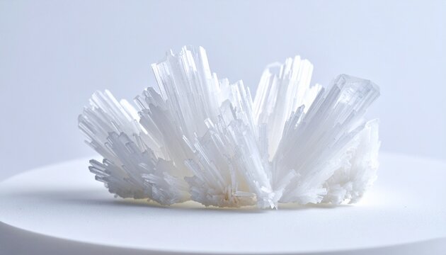 Stunning macro shot of pure white acicular crystals standing vertically on a monochrome white surface suggesting natural mineral formations or laboratory grown chemical structures space to text. copy