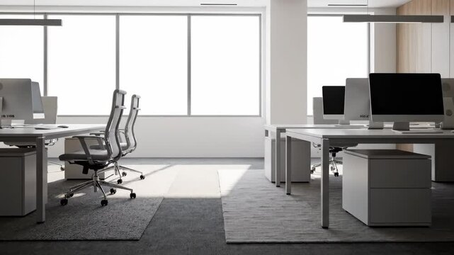 Modern, bright, and empty open-plan office interior with desks, computers, and chairs. Professional corporate workspace.