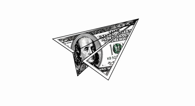 Black and white paper airplane made from a dollar bill
