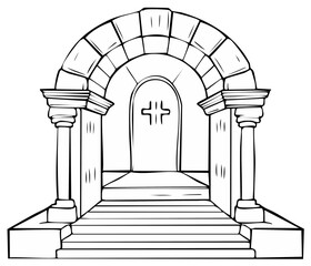 Fototapeta premium Ornate stone archway with cross design door and grand staircase leading upwards