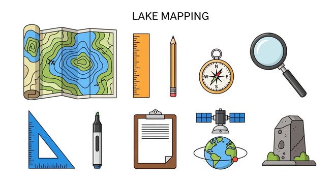 Illustrations of ten items related to lake mapping including maps measuring tools and navigation aids