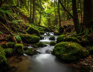 Obraz premium Serene long exposure photo of a clear stream flowing through a lush, mossy forest