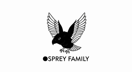 Obraz premium Black and white illustration of an osprey with wings spread, with text below