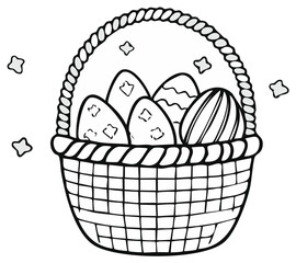 Fototapeta premium Easter basket overflowing with decorated eggs and stars outline illustration