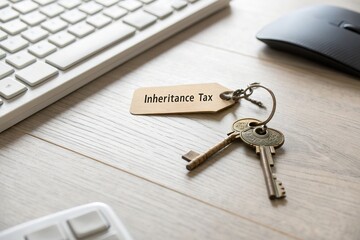 Keys with an inheritance tax tag resting on a desk near a keyboard and mouse in a modern office