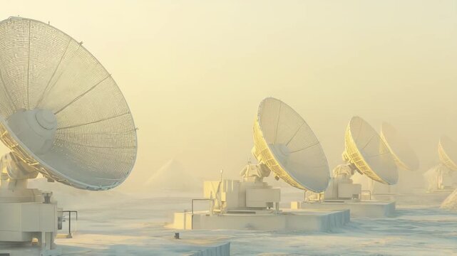 Radio telescope array capturing signals in a vast, cold winter landscape, exploring cosmos and advancing scientific research, symbolizing global communication technology and discovery