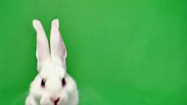 Adorable white rabbit with pink eyes on green background