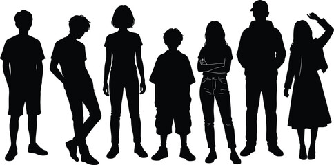 Group of teenagers silhouette standing together, diverse boys and girls full body vector illustration isolated on white background for youth concept © LITON WORLD