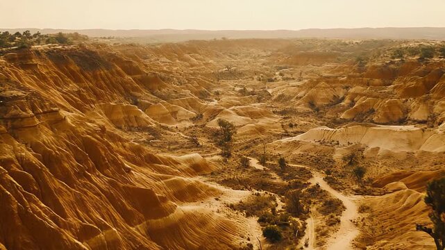 Arid desert badlands landscape stretching across a vast wilderness, featuring intricate geological formations, deep canyons, and eroded plateaus under a clear, warm sky during daytime