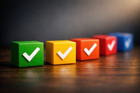 Checkboxes in alignment: A neat row of colored cubes, each marked with a checkmark, suggests choices, decisions, and the process of selection. The composition suggests completion, validation.
