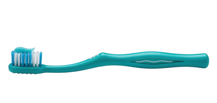 Teal toothbrush with blue and white bristles and toothpaste isolated on a transparent background
