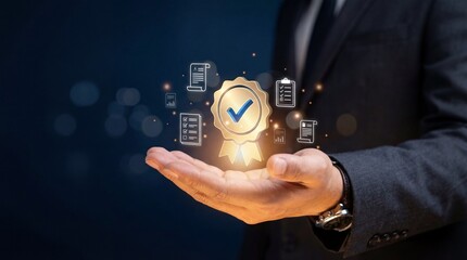 Quality Assurance Concept: Man Holding Badge with Checkmark.