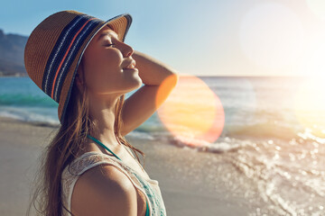 Travel, smile and peace with woman at beach for tropical island, calm and adventure. Holiday, happiness and seaside tourism with female person at coastline for bokeh, wellness and summer vacation