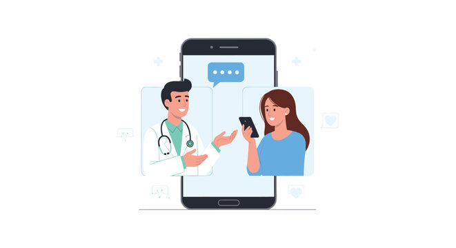 A doctor and patient communicating via a smartphone screen representing telehealth services on transparent background silhouette high quality professional detailed modern
