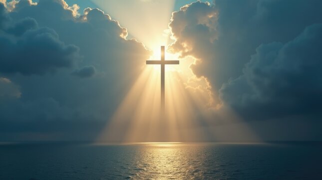 Sunlight breaking through storm clouds forming cross shape over calm sea, divine nature sign and heavenly glory