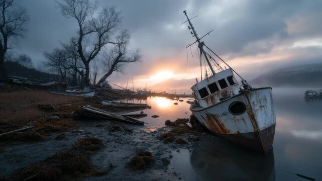 A wrecked, decaying ship lies stranded on a muddy, desolate shoreline. Bare, skeletal trees stand against a misty, apocalyptic dawn sky, reflecting profound, silent ruin.